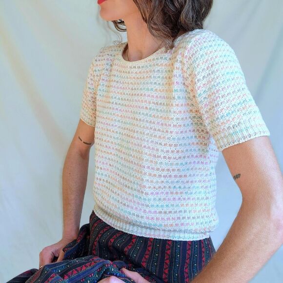 1930s Vintage Short Sleeve Knit Pastel Sweater: WW2 Era Womens Jumper, S/M - Picture 9 of 11